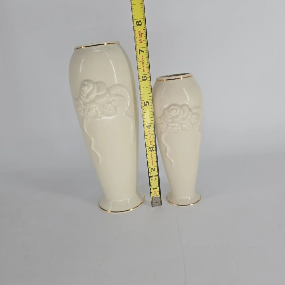 Vintage Lenox Ivory Rose Vases Pair Gold Trim French Country Decor